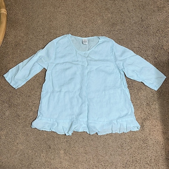 Match Point 100% Linen Ruffle Blouse Top 3/4 Sleeves Light Pastel Blue Large - Picture 2 of 7